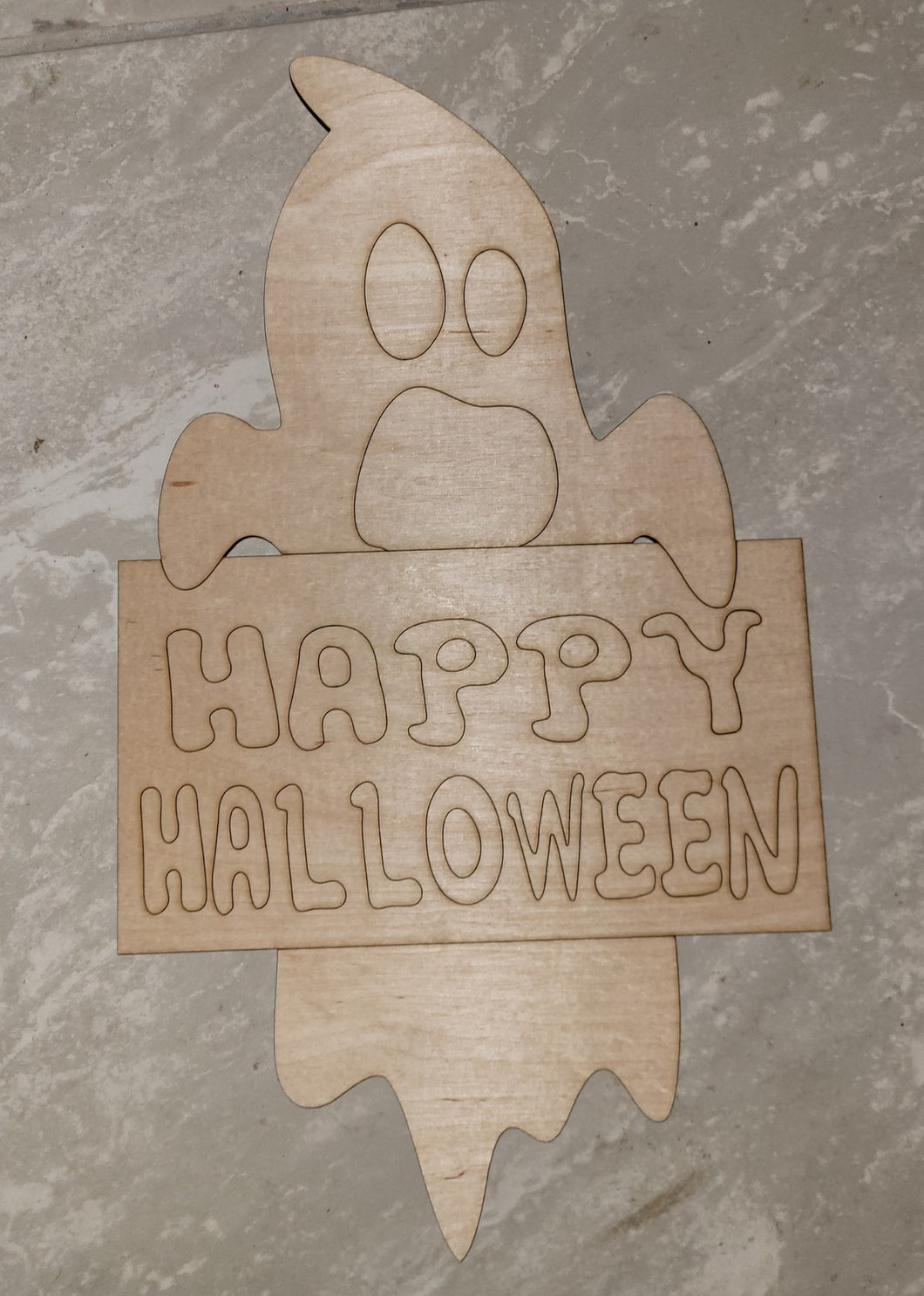 GHOST WITH SIGN HAPPY HALLOWEEN - Blank wood Cutout